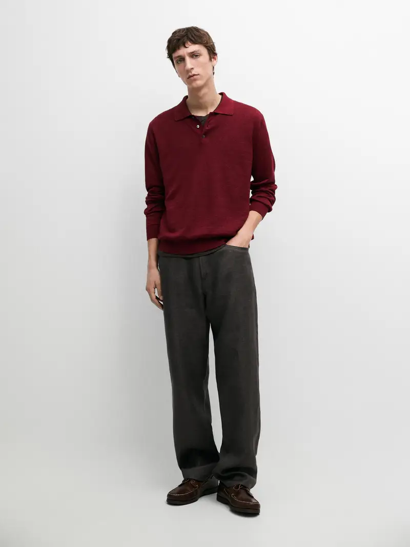 Maglia Con Collo A Polo In Lino - Rosso Vino - - Massimo Dutti - Maschile