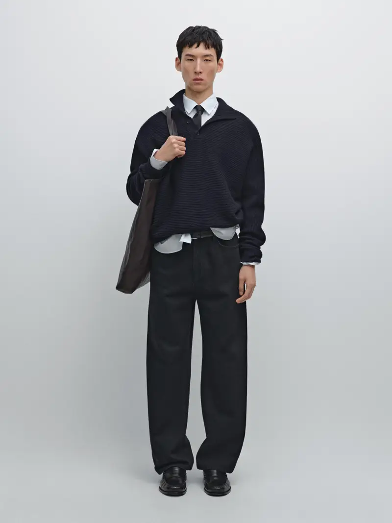 Maglia Con Collo Mock Abbottonato - Blu Marino - - Massimo Dutti - Maschile