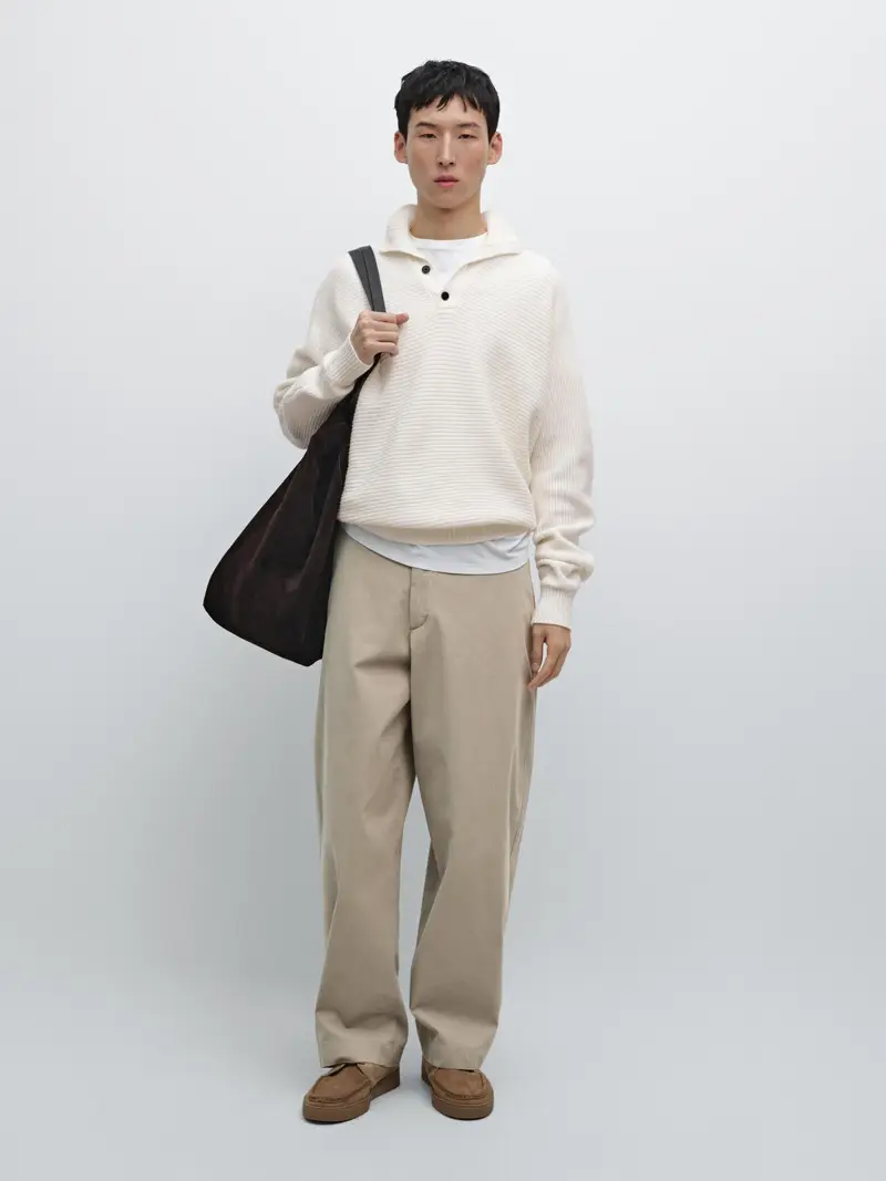 Maglia Con Collo Mock Abbottonato - Ecru - - Massimo Dutti - Maschile