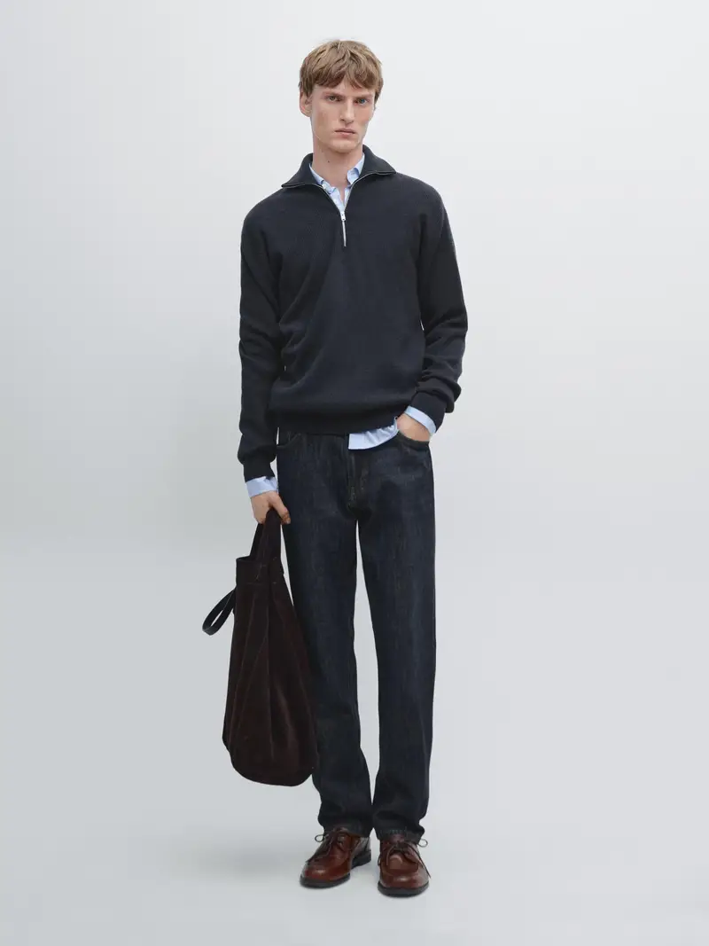 Maglia Con Collo Mock Con Cerniera - Blu Marino - - Massimo Dutti - Maschile