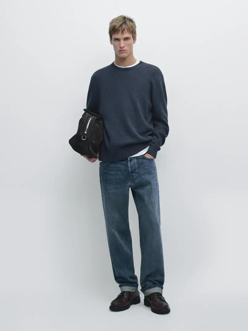 Maglia Con Collo Rotondo Effetto Denim - Blu Marino - - Massimo Dutti - Maschile