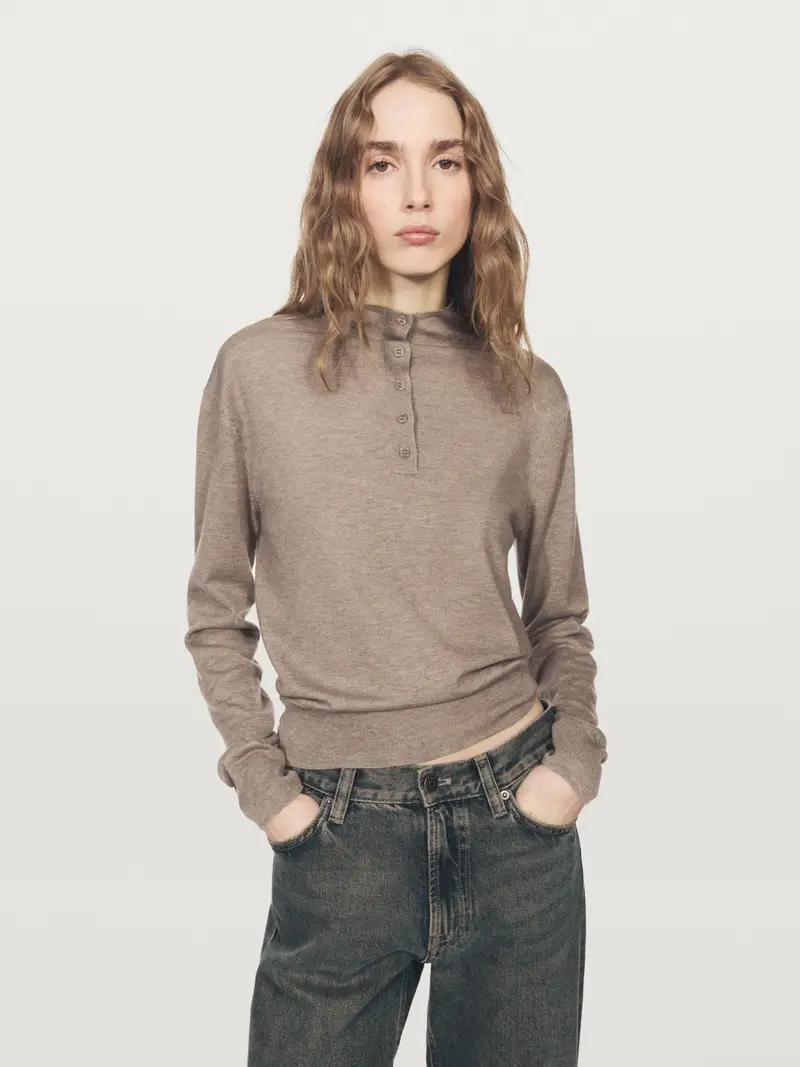 Maglia Con Mezzo Collo E Bottoni - Beige Medio - - Massimo Dutti - Femminile