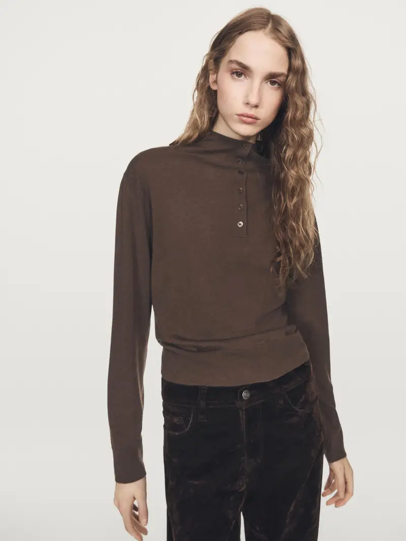 Maglia Con Mezzo Collo E Bottoni - Marrone - - Massimo Dutti - Femminile