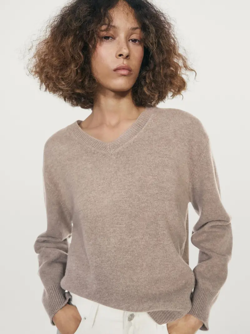 Maglia Con Scollo A V E Toppe Sui Gomiti - Visone - - Massimo Dutti - Femminile