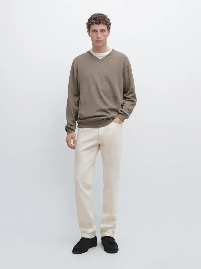 Maglia Con Scollo A V In Misto Cotone - Cachi - - Massimo Dutti - Maschile