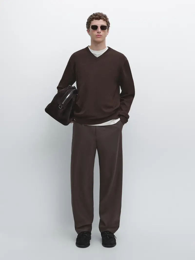 Maglia Con Scollo A V In Misto Cotone - Marrone - - Massimo Dutti - Maschile