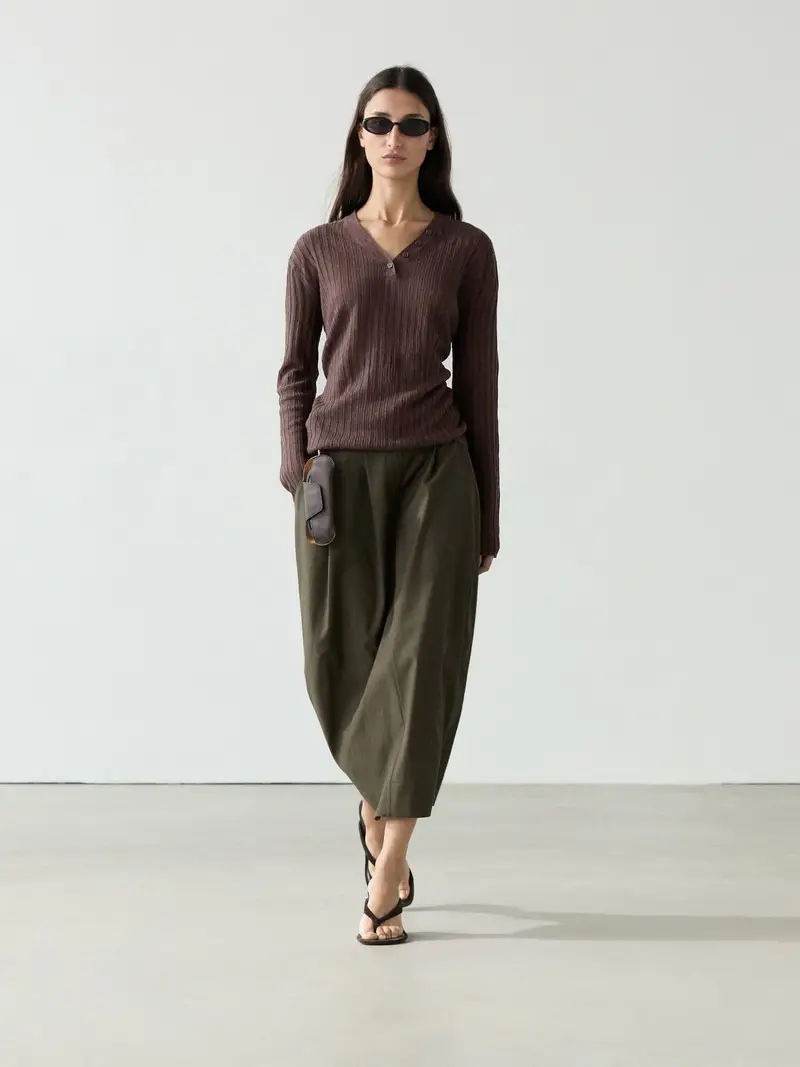 Maglia In Lino Con Bottoni - Cioccolato - - Massimo Dutti - Femminile