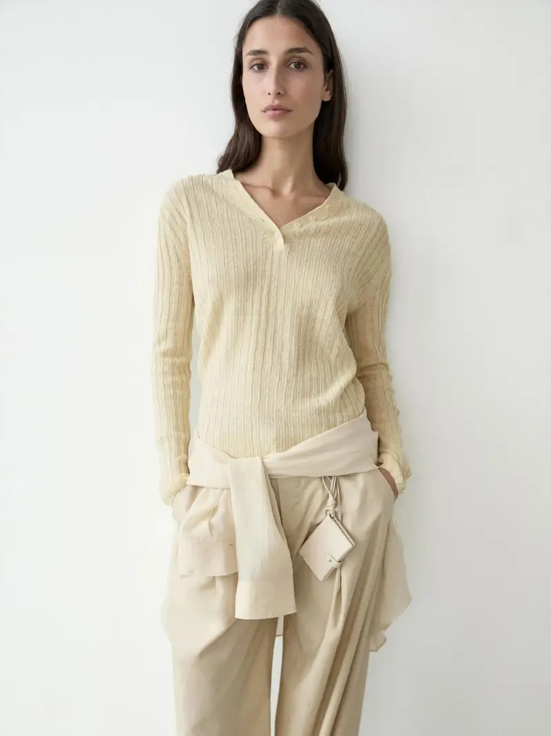 Maglia In Lino Con Bottoni - Vaniglia - - Massimo Dutti - Femminile