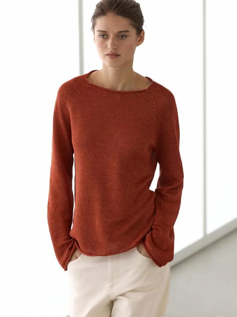 Maglia In Punto Con Collo Rotondo In Lino - Arancione Bruciato - - Massimo Dutti - Femminile
