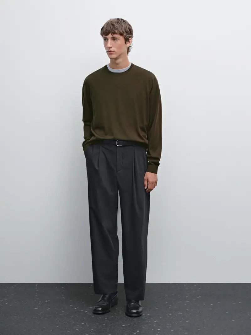 Maglia Lavorata 100% Lana Merino - Kaki Oscuro - - Massimo Dutti - Maschile