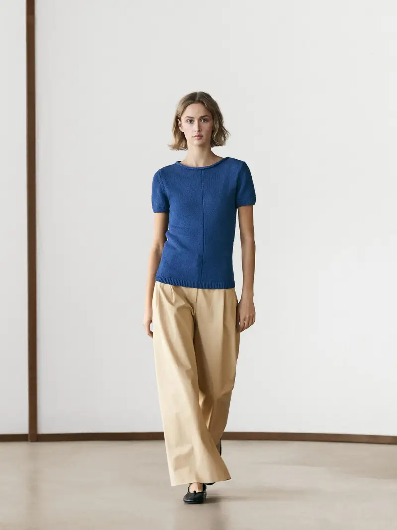 Maglia Lavorata A Maniche Corte In Cotone - Azzurro Intenso - - Massimo Dutti - Femminile