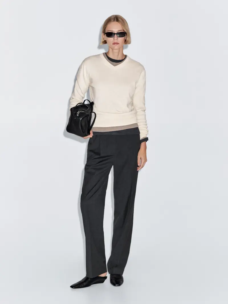 Maglia Lavorata Con Scollo A V In Misto Lana - Beige - - Massimo Dutti - Femminile