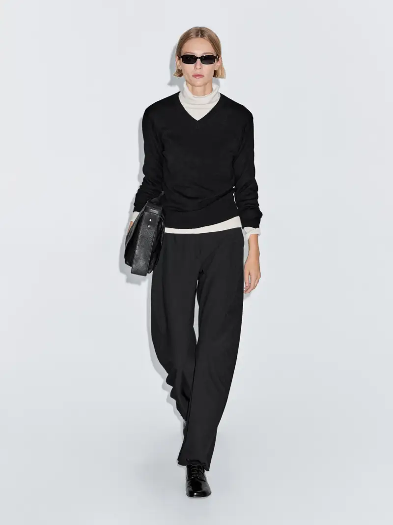 Maglia Lavorata Con Scollo A V In Misto Lana - Nero - - Massimo Dutti - Femminile