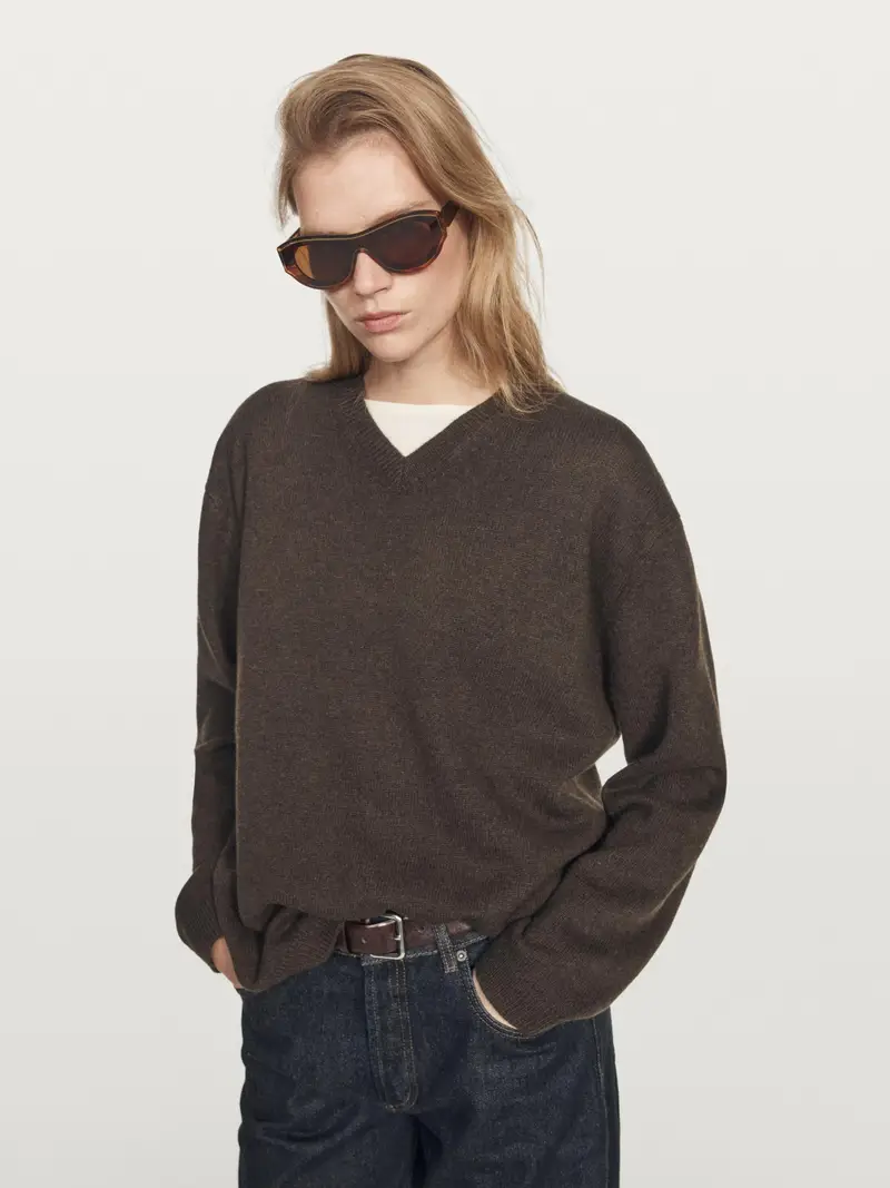Maglia Oversize Con Scollo A V - Marrone - - Massimo Dutti - Femminile