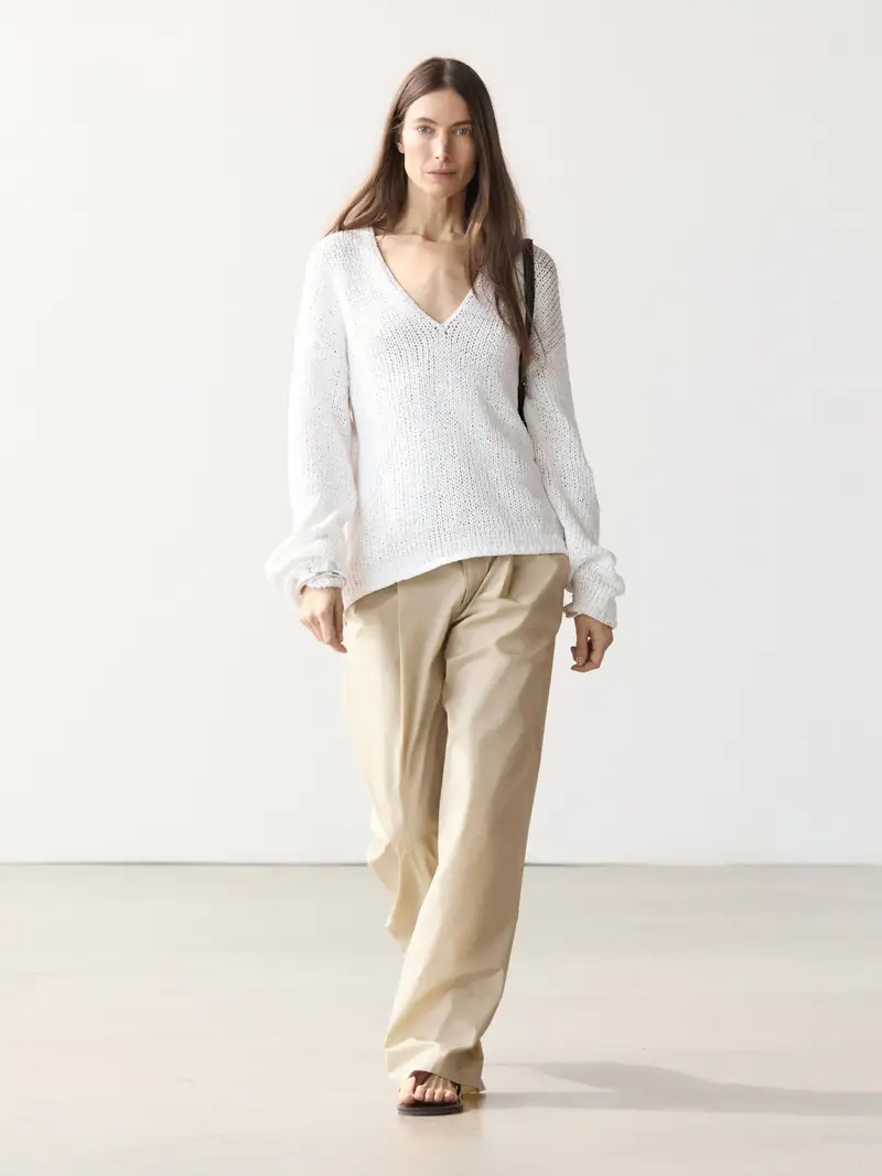 Maglia Traforata Con Scollo A V - Bianco Ottico - - Massimo Dutti - Femminile