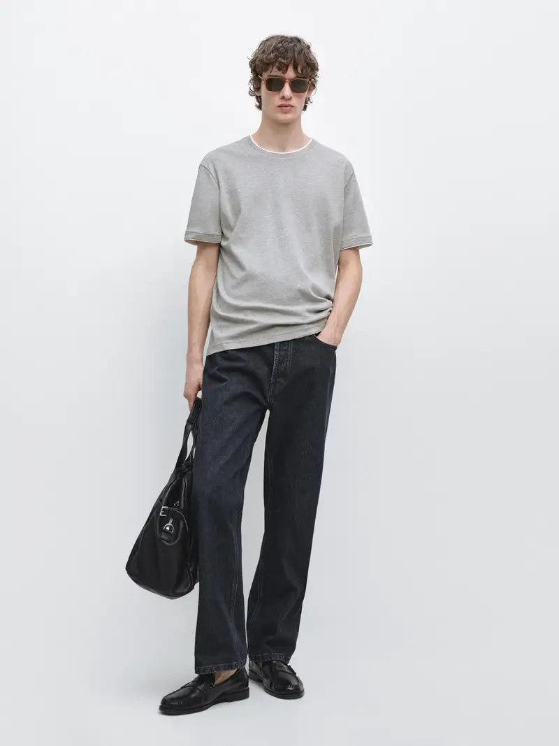 Maglietta A Collo A Contrasto 100% Cotone - Grigio Mélange - - Massimo Dutti - Maschile