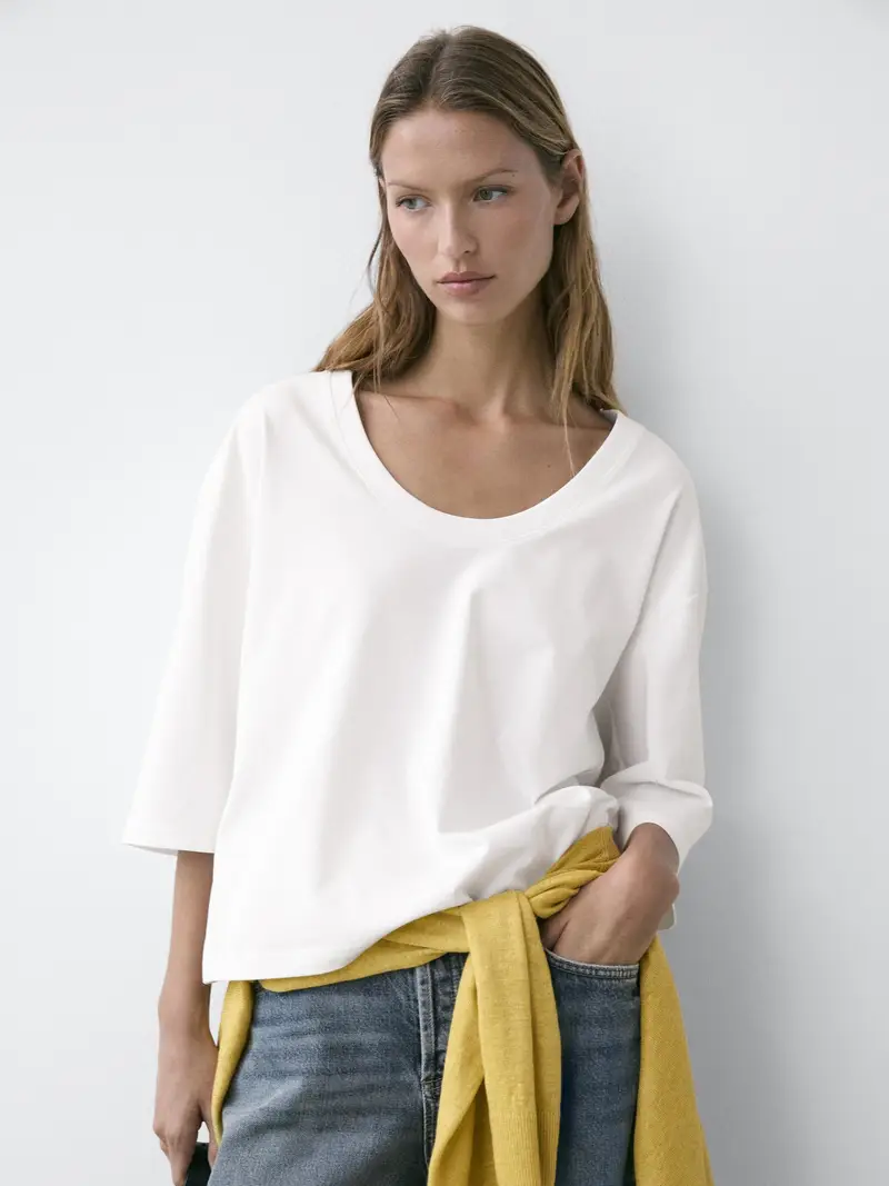 Maglietta A Collo A V 100% Cotone - Bianco Roto - - Massimo Dutti - Femminile