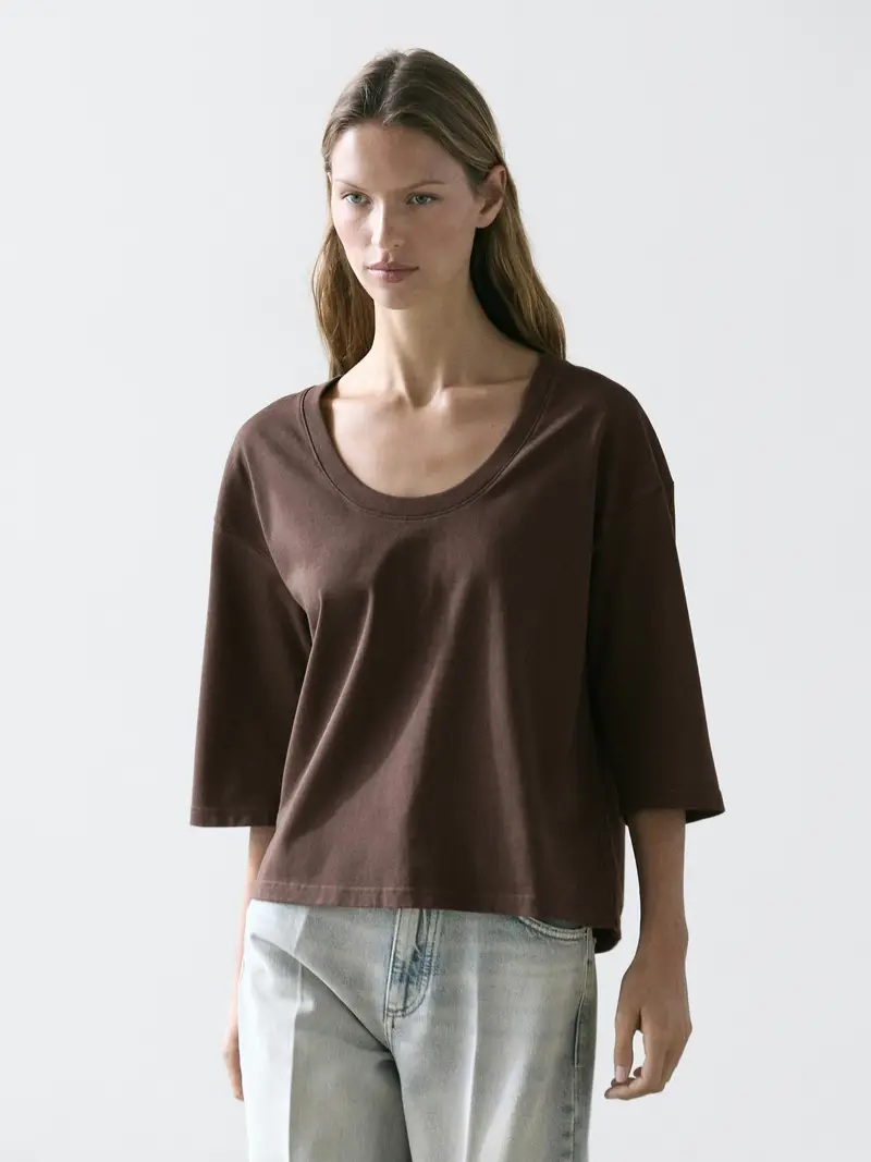 Maglietta A Collo A V 100% Cotone - Marrone - - Massimo Dutti - Femminile
