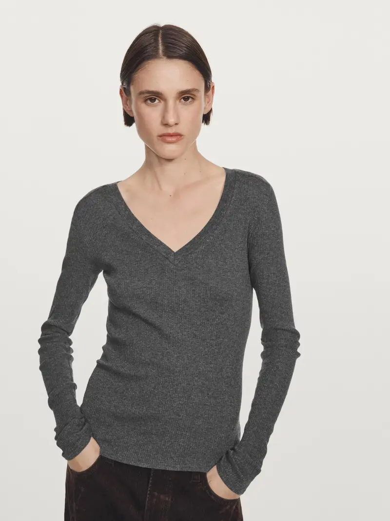 Maglietta A Costine Con Scollo A V E Maniche Lunghe - Grigio Antracite - - Massimo Dutti - Femminile