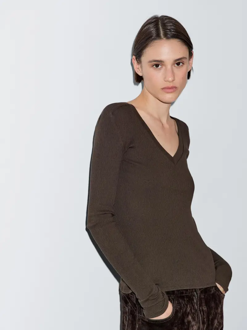 Maglietta A Costine Con Scollo A V E Maniche Lunghe - Marrone - - Massimo Dutti - Femminile