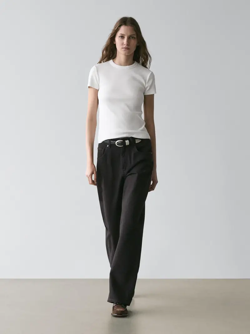 Maglietta A Maniche Corte A Coste Heavy Weight - Bianco Roto - - Massimo Dutti - Femminile