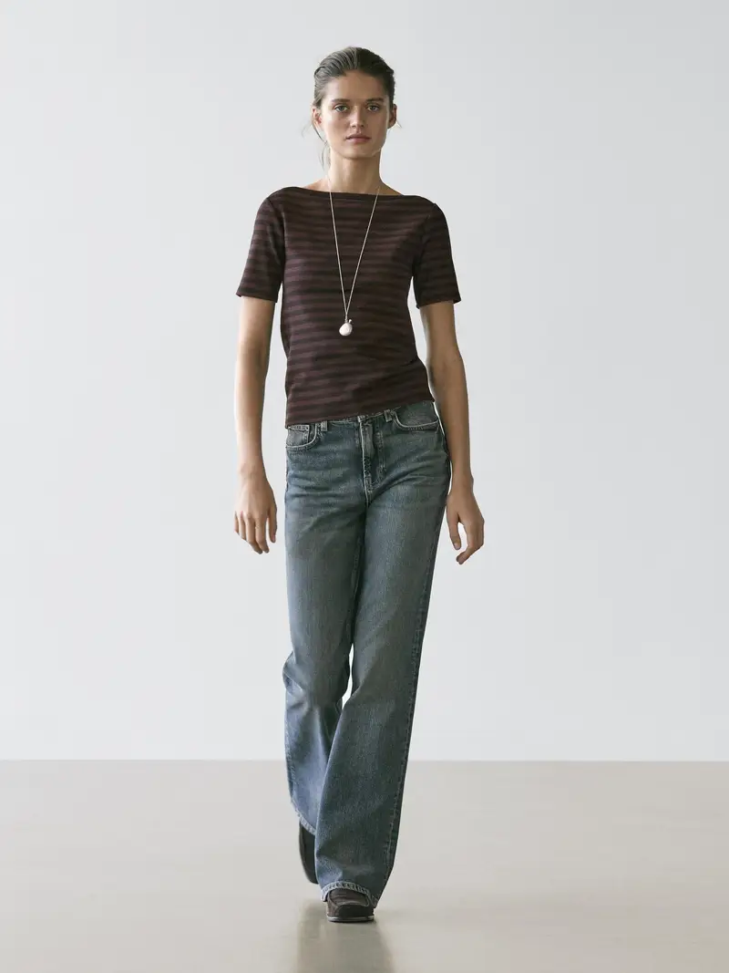 Maglietta A Maniche Corte Con Scollo A Barchetta A Righe - Marrone - - Massimo Dutti - Femminile