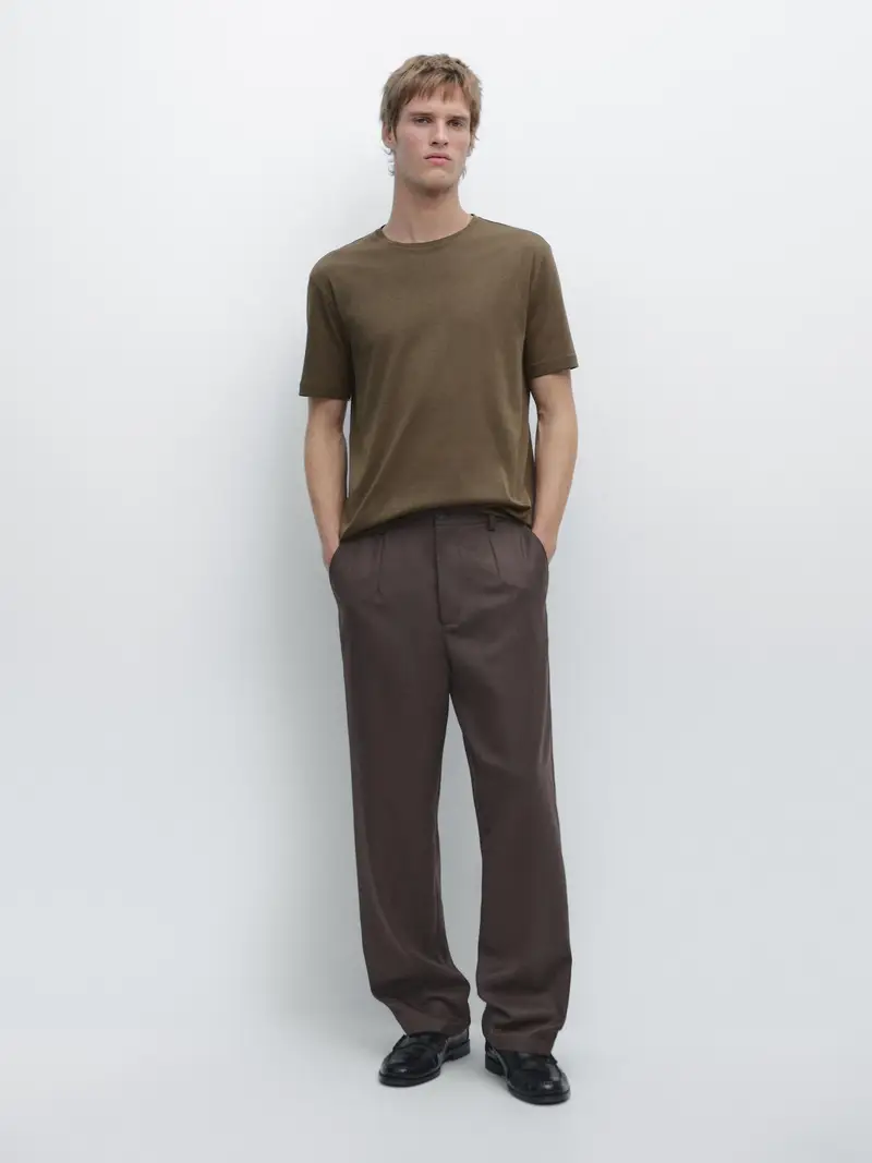 Maglietta A Maniche Corte In Misto Cotone - Kaki Medio - - Massimo Dutti - Maschile