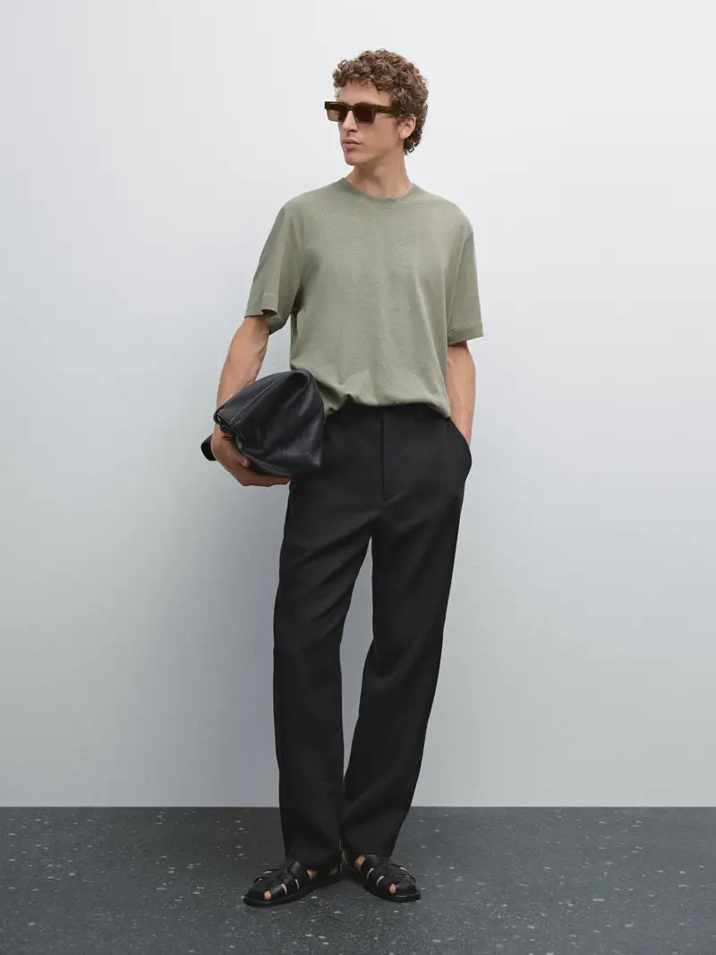 Maglietta A Maniche Corte In Misto Lino - Verde Acqua - - Massimo Dutti - Maschile