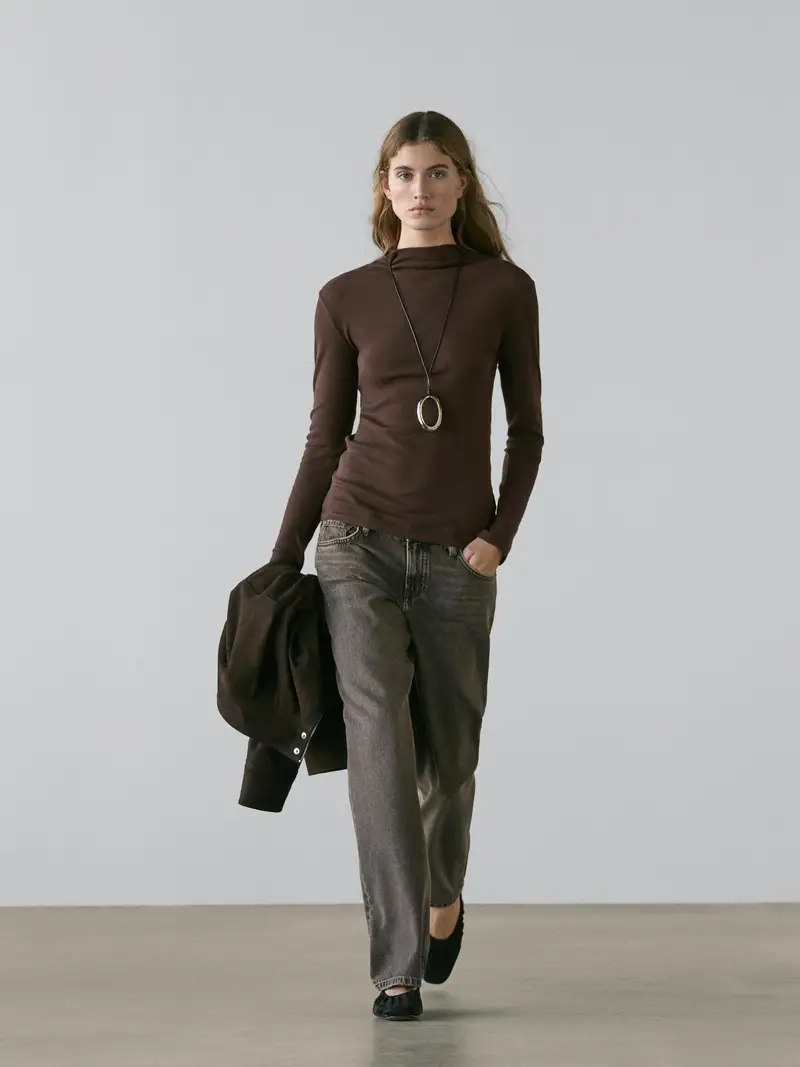 Massimo Dutti Maglietta Donna A Maniche Lunghe In Cotone Marrone