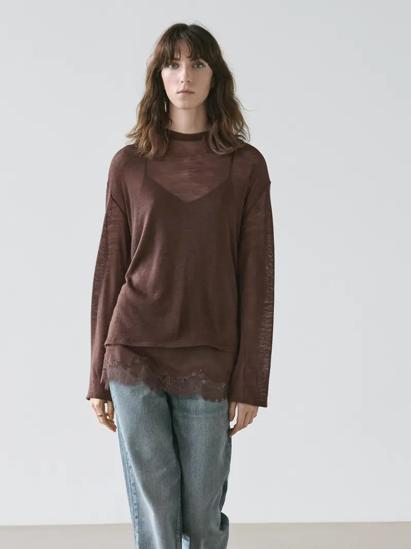 Maglietta A Maniche Lunghe Con Dettaglio In Pizzo - Marrone - - Massimo Dutti - Femminile