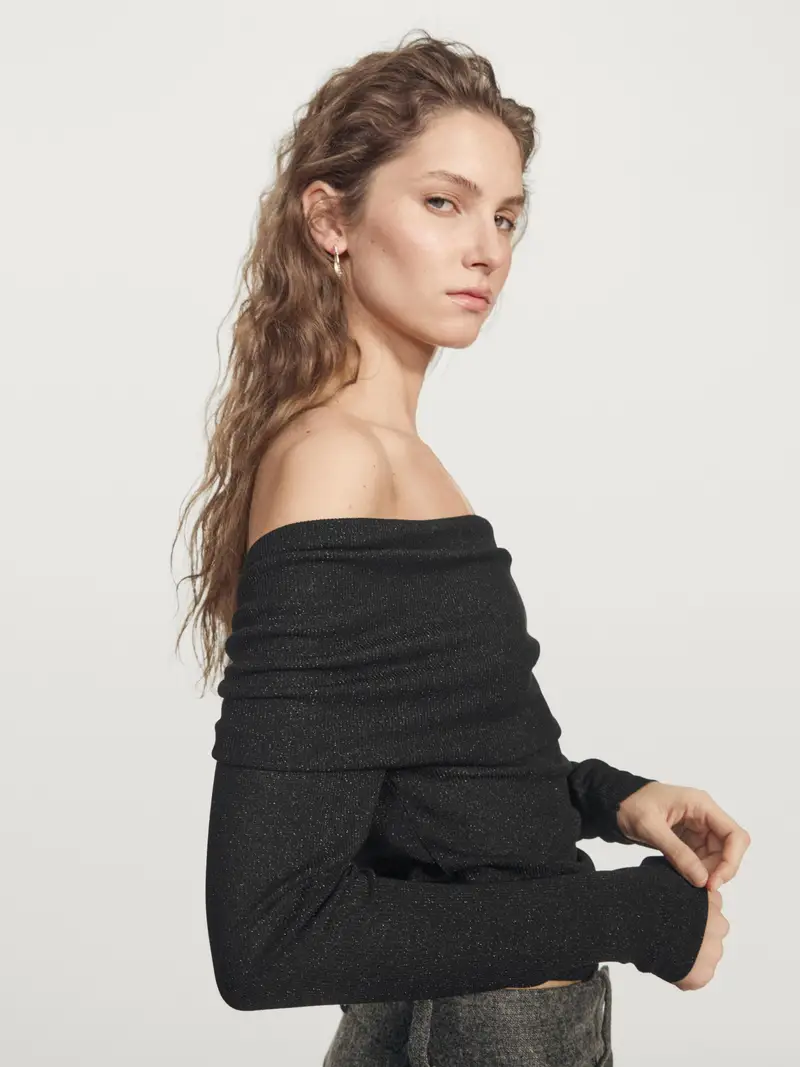 Maglietta A Maniche Lunghe Con Finitura Metallizzata A Costine - Nero - - Massimo Dutti - Femminile