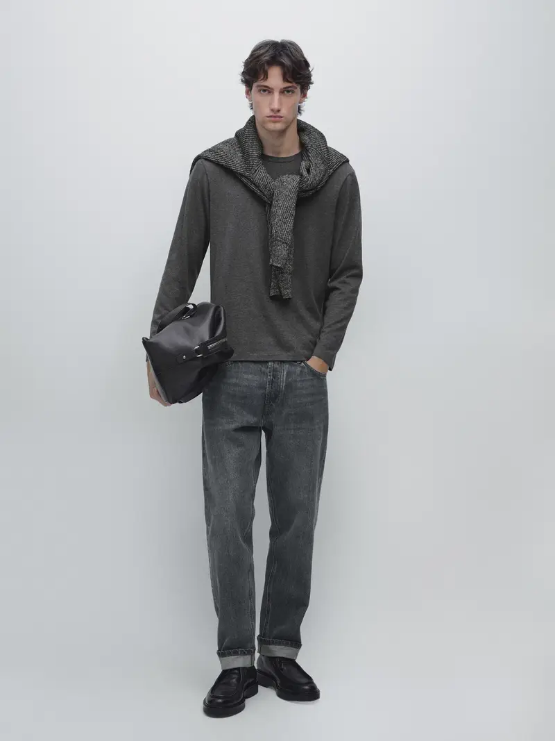 Maglietta A Maniche Lunghe In Misto Cotone - Grigio Mélange - - Massimo Dutti - Maschile