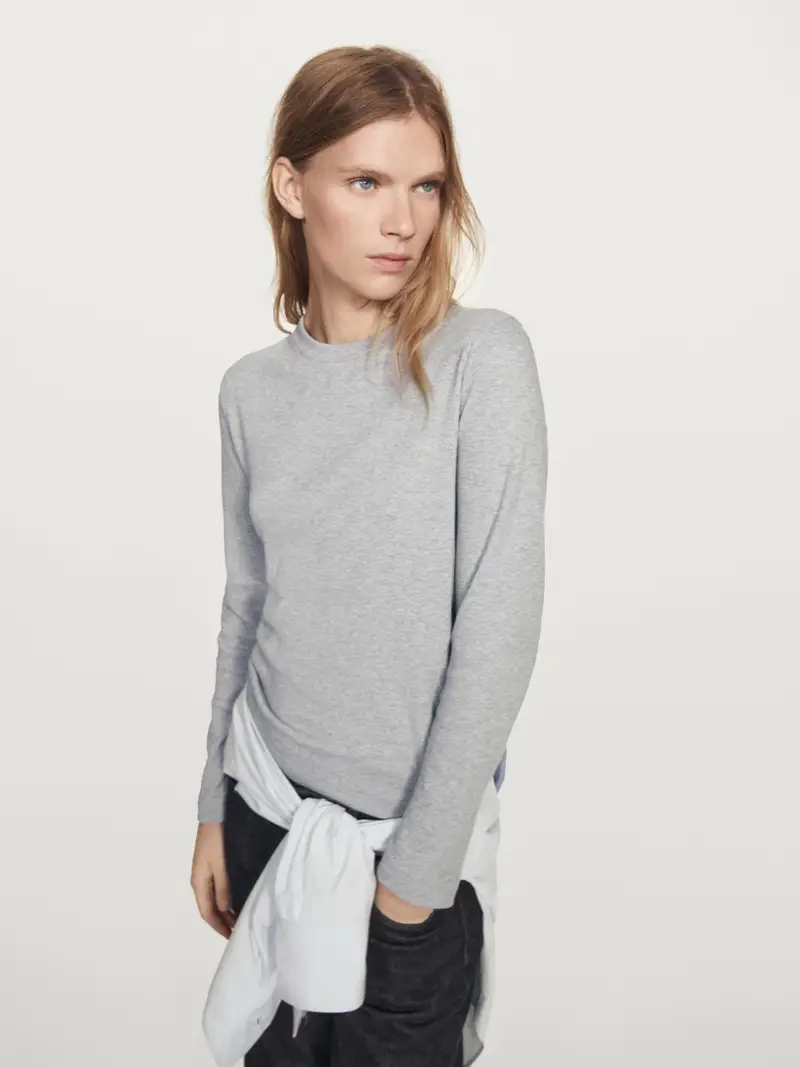 Maglietta A Maniche Lunghe Interlock 100% Cotone - Grigio Medio - - Massimo Dutti - Femminile