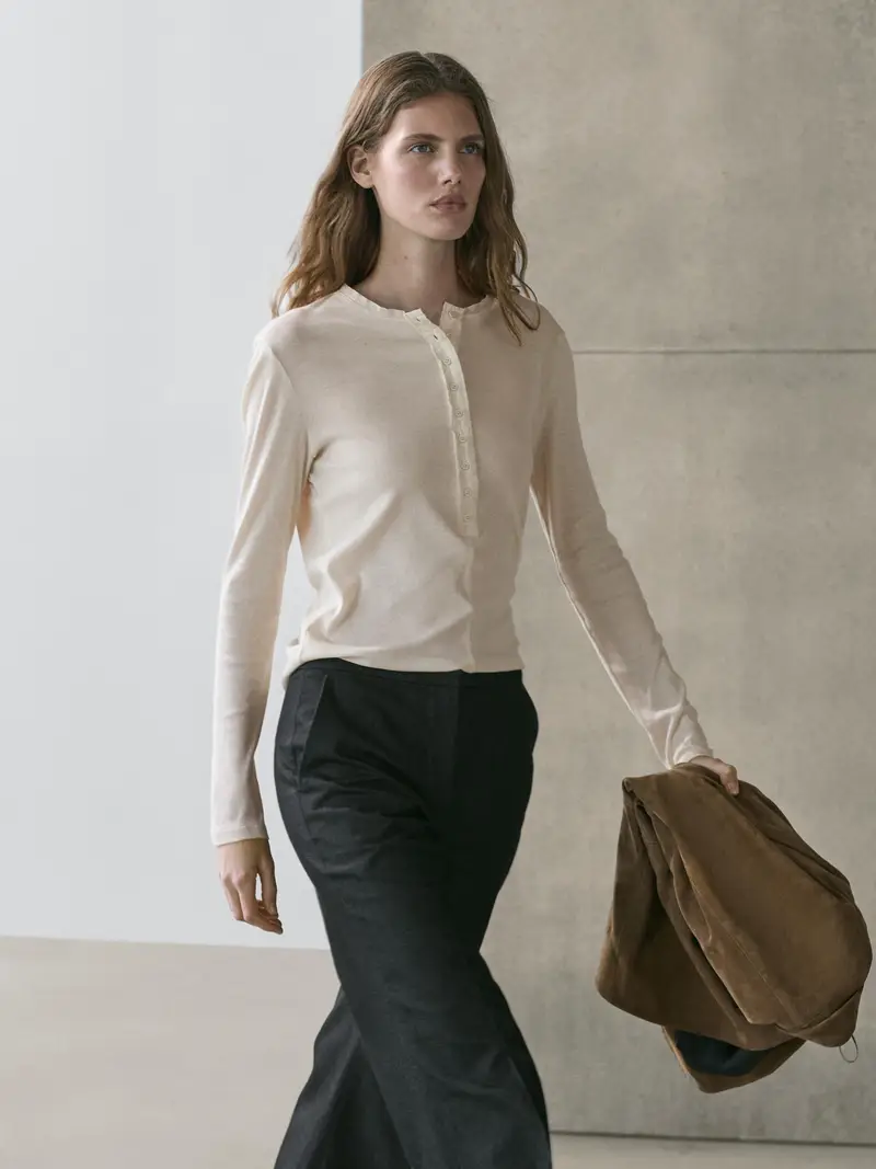 Maglietta Con Abbottonatura In Cotone - Ecru - - Massimo Dutti - Femminile