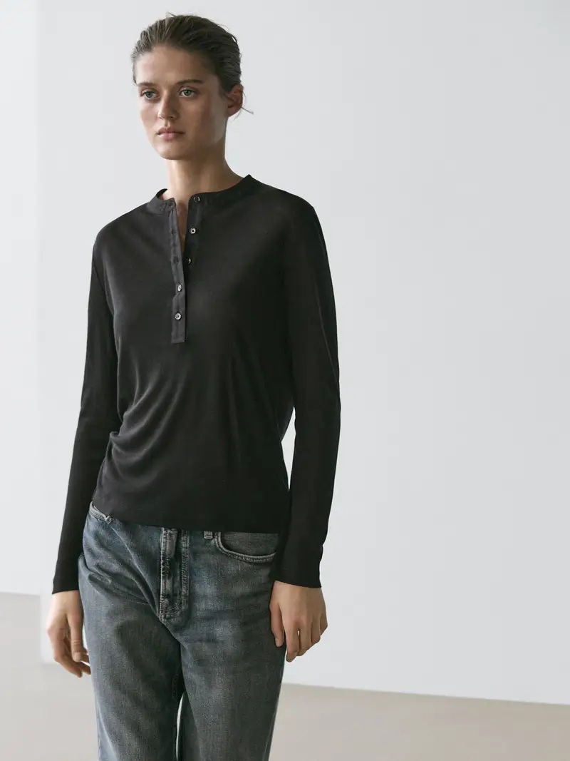 Maglietta Con Collo A Serafino In Lana - Nero - - Massimo Dutti - Femminile