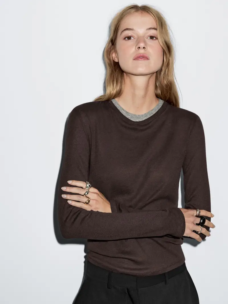 Maglietta Con Doppio Colletto In Misto Cotone - Marrone - - Massimo Dutti - Femminile