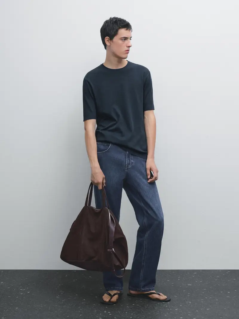 Maglietta Con Finitura A Coste 100% Cotone - Blu Marino - - Massimo Dutti - Maschile