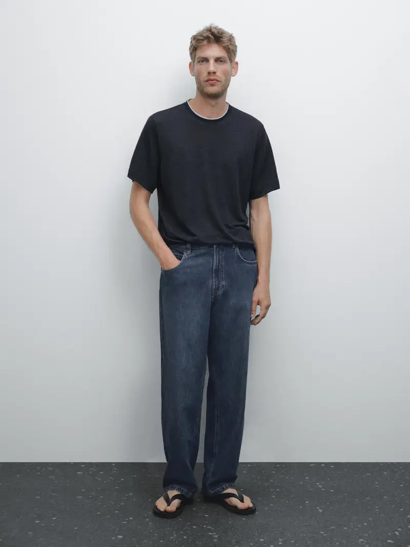 Maglietta In Maglia A Contrasto Misto Lino - Blu Marino - - Massimo Dutti - Maschile