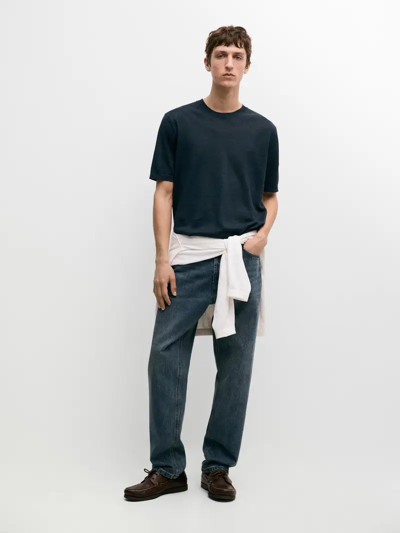 Maglietta In Maglia Leggera 100% Lino - Blu Marino - - Massimo Dutti - Maschile