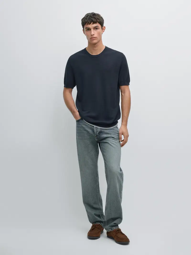 Maglietta In Maglia Strutturata A Maniche Corte - Blu Marino - - Massimo Dutti - Maschile