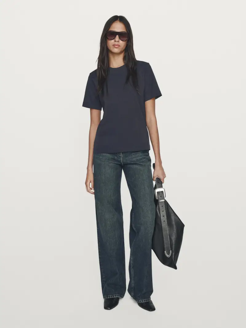 Maglietta Interlock Con Collo Rotondo 100% Cotone - Blu Marino - - Massimo Dutti - Femminile