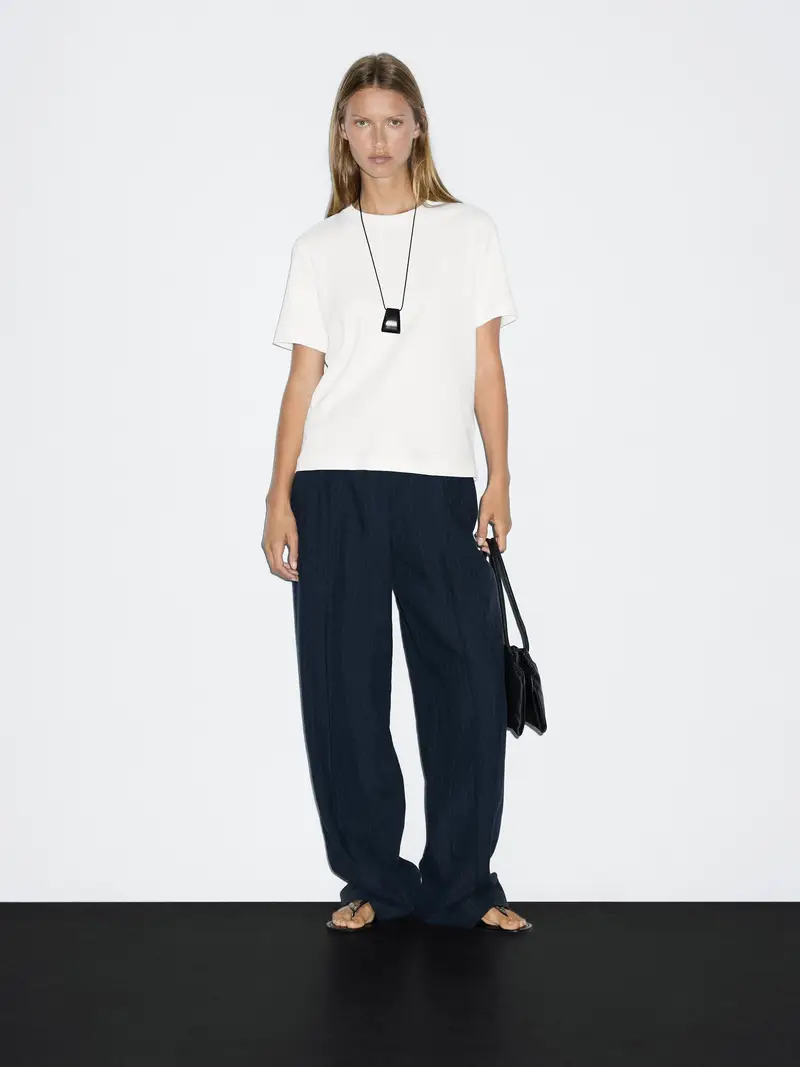 Maglietta Interlock Con Collo Rotondo 100% Cotone - Ecru - - Massimo Dutti - Femminile