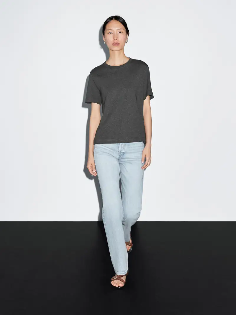 Maglietta Interlock Con Collo Rotondo 100% Cotone - Grigio Antracite - - Massimo Dutti - Femminile