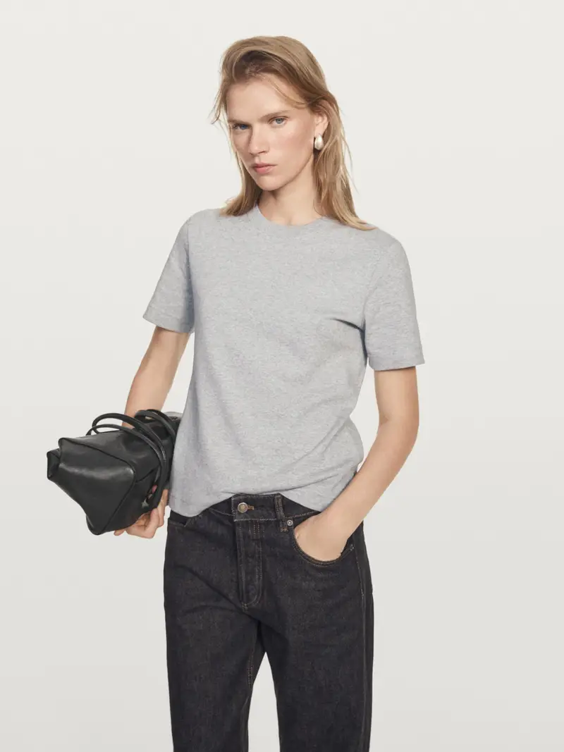 Maglietta Interlock Con Collo Rotondo 100% Cotone - Grigio Medio - - Massimo Dutti - Femminile