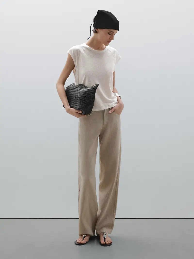 Maglietta Leggera A Coste 100% Lino - Giallo Chiaro - - Massimo Dutti - Femminile