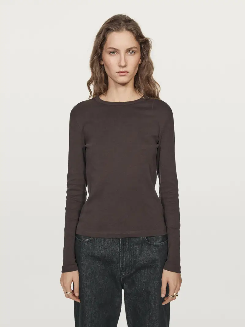 Maglietta Maniche Lunghe A Coste Mélange - Marrone - - Massimo Dutti - Femminile