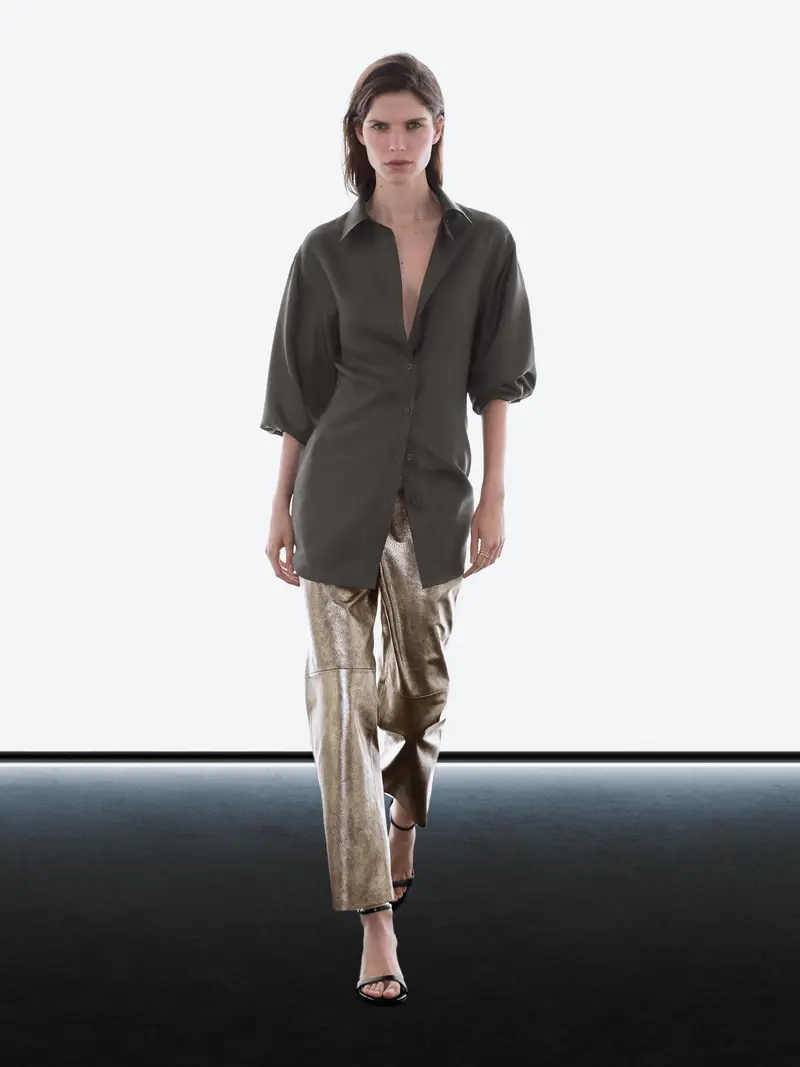 Metallic Nappa Leather Trousers - Dorato - - Massimo Dutti - Female