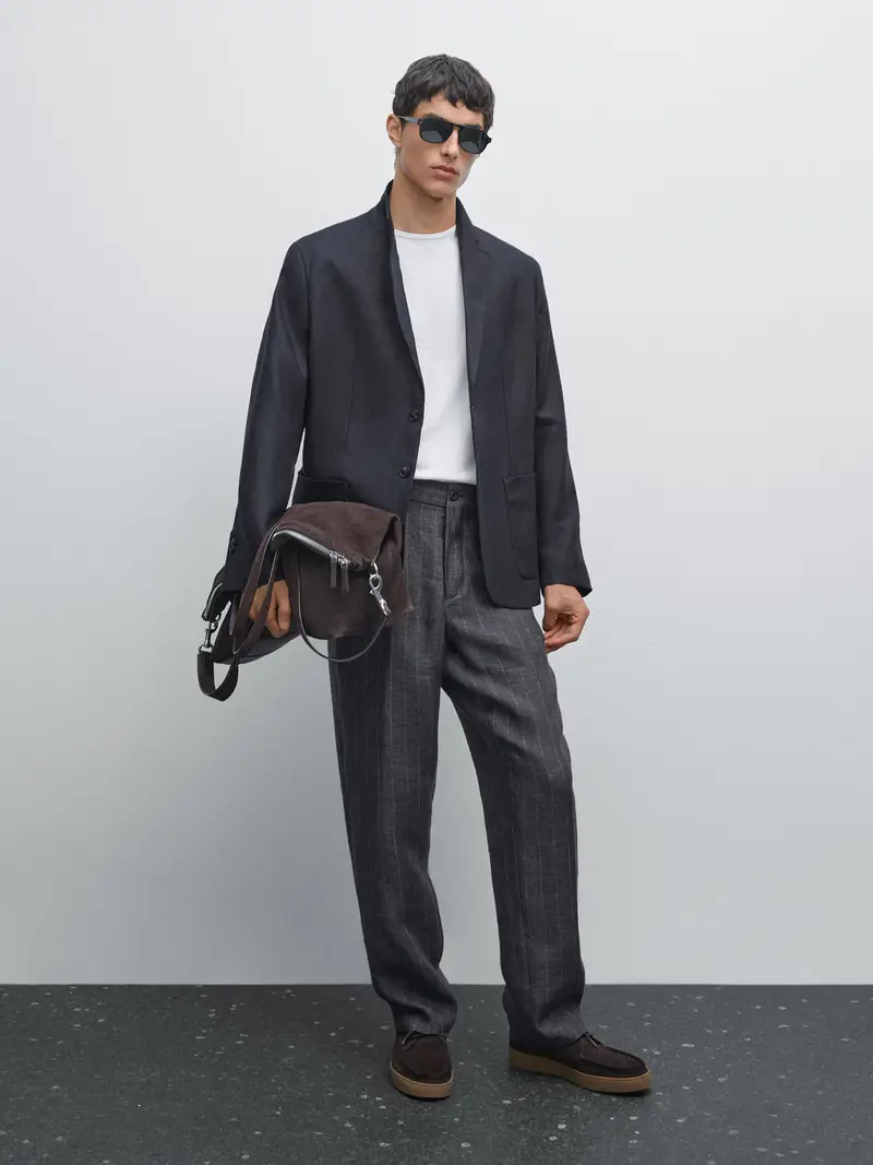 Pantaloni A Righe 100% Lino Scolorito - Azzurro - - Massimo Dutti - Maschile