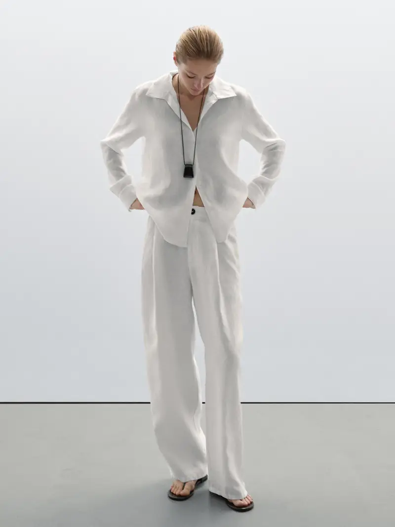 Pantaloni A Vita Media Wide 100% Lino - Bianco - (It 42) - Massimo Dutti - Femminile