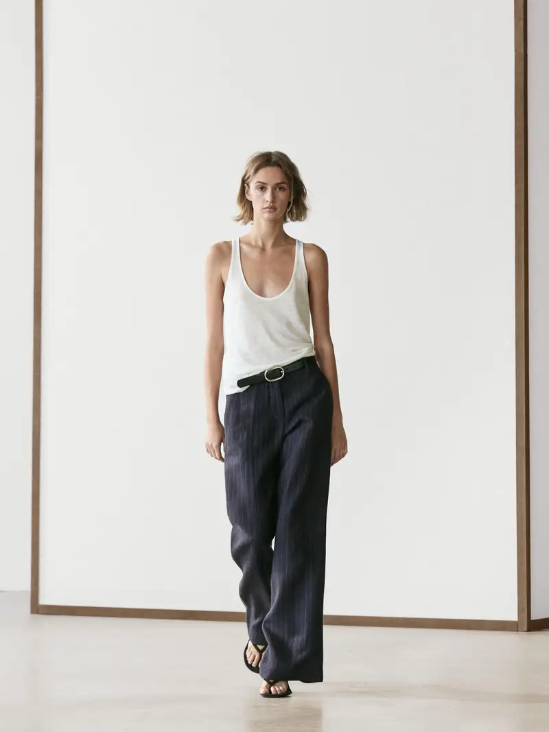 Pantaloni Ampi Gessati In Lino - Azzurro Oscuro - (It 44) - Massimo Dutti - Femminile